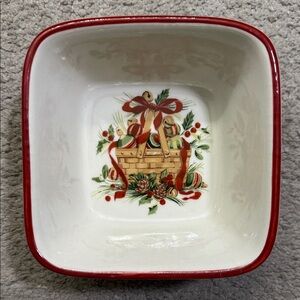 Longaberger Red Trim Holiday Basket Ceramic Bowl 5in x 5in x 2.5in